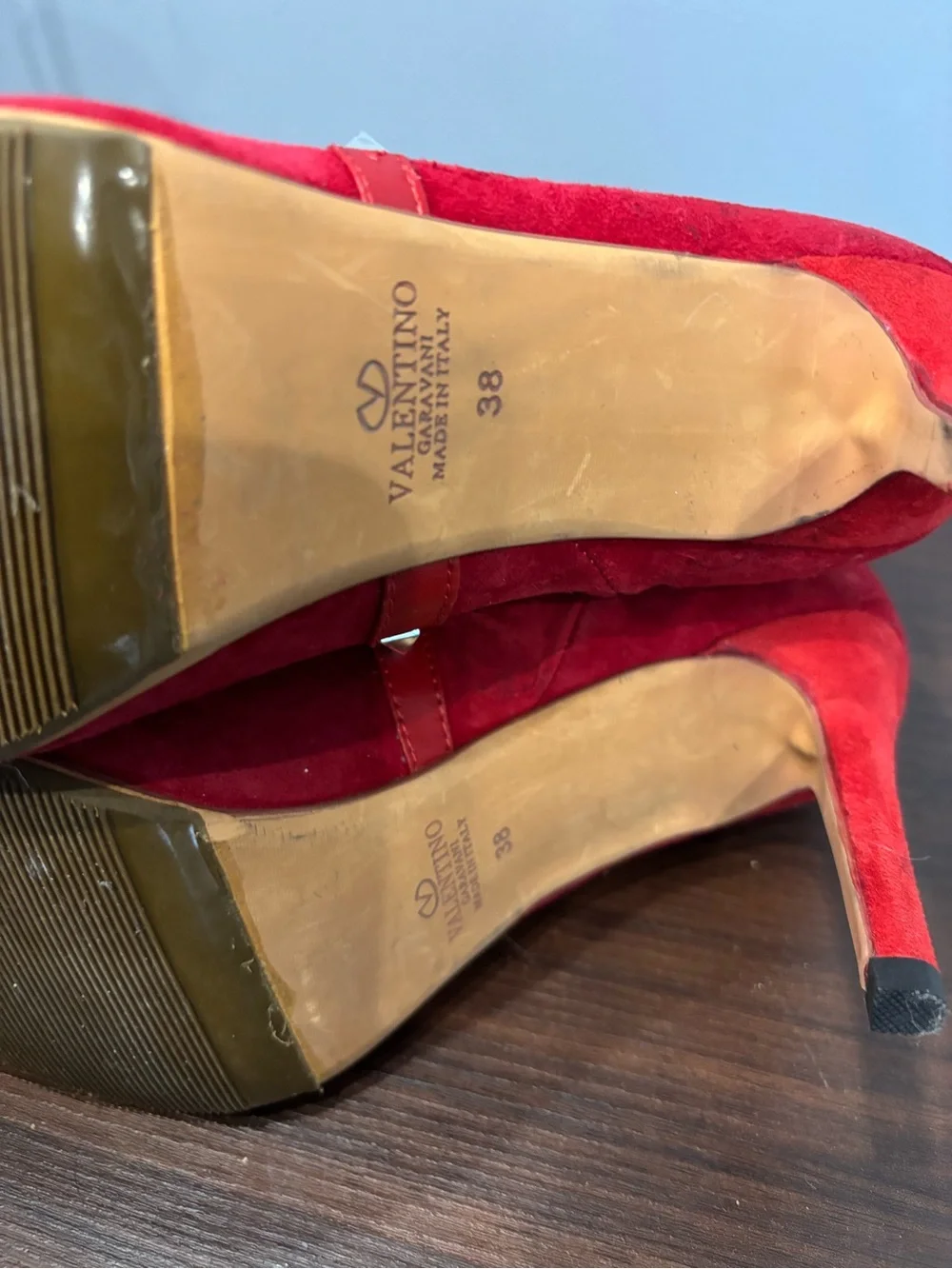 Valentino Garavani Red Suede Pyramid-Stud Ankle Boots